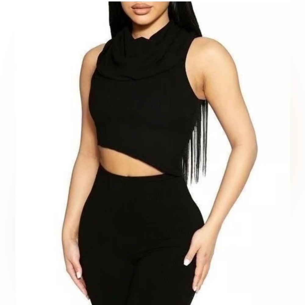 Naked Wardrobe Ribbed Sleeveless Cowl Neck Asymmetrical Crop Top in Black - Picture 15 of 15